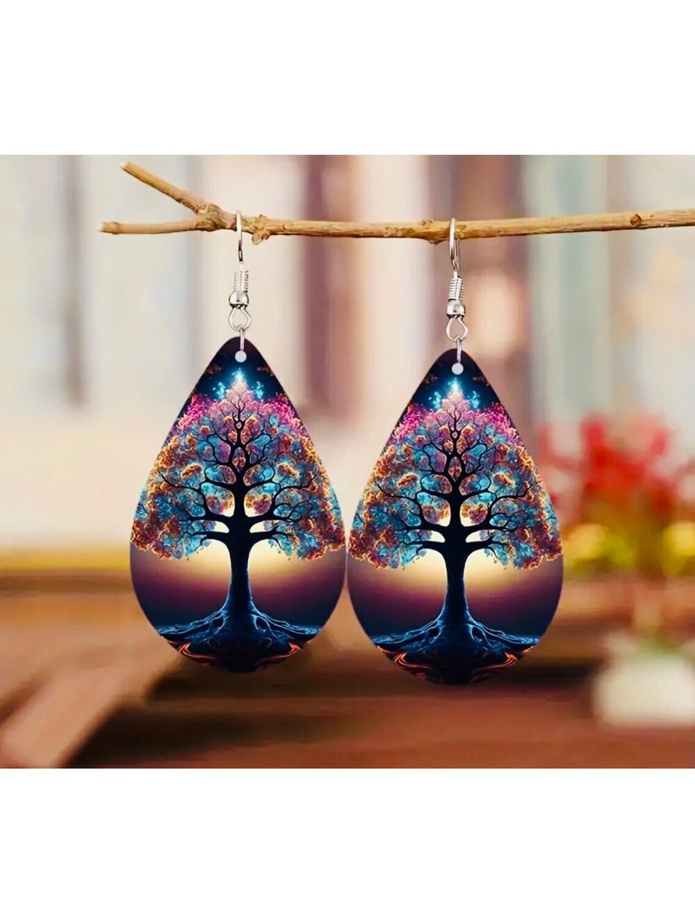 New - Exquisite Rainbow Tree of Life Teardrop Dangle Earrings